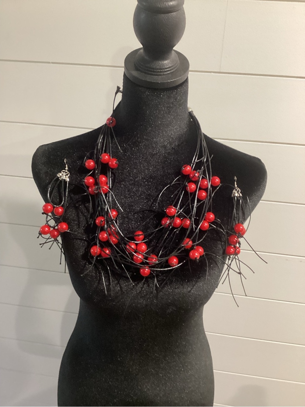 Red Beaded Multi-Strand Necklace and Earrings Set